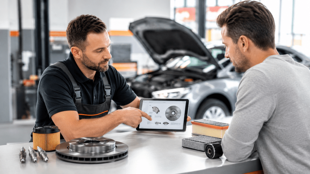 Garagiste automobile à Cenon présentant les pièces disponibles en magasin