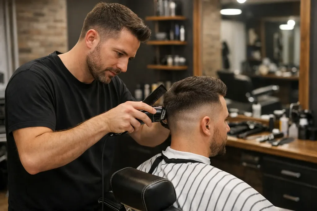 création site internet barber shop à Cenon — Barbier réalisant une coupe dans un barber shop à Cenon
