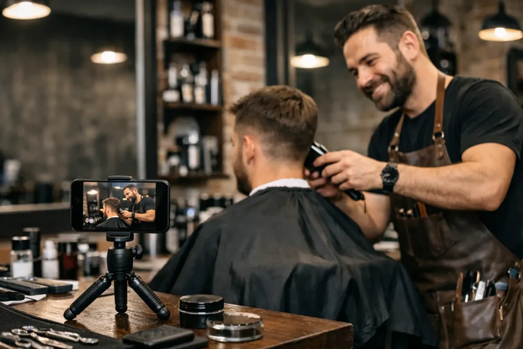 développer son barbershop — Barbier créant du contenu pour la communication de son barbershop