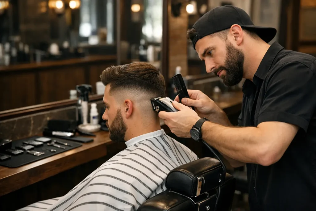 développer son barbershop — Barbier réalisant un dégradé précis pour améliorer l’expérience client