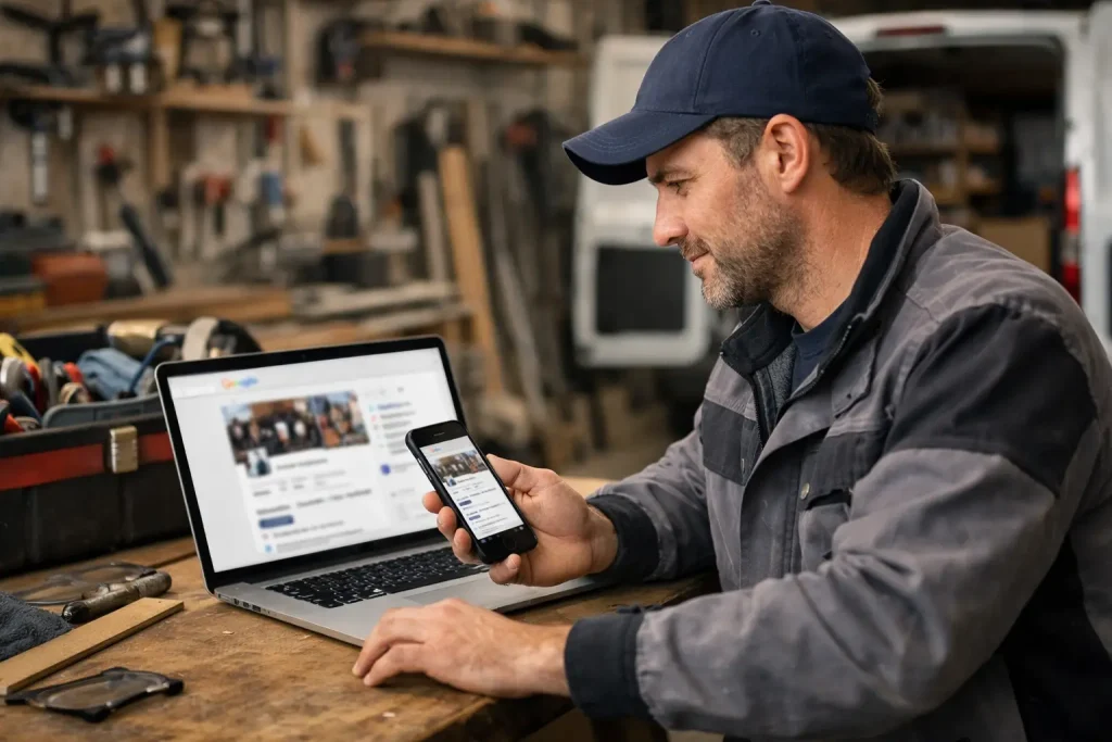 Google Business Profile pour artisan consulté dans un atelier professionnel