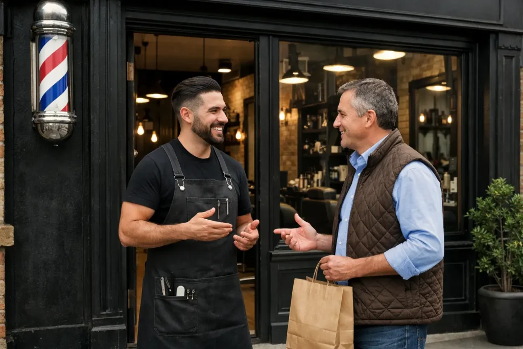 développer son barbershop — Propriétaire de barbershop développant un partenariat commercial local