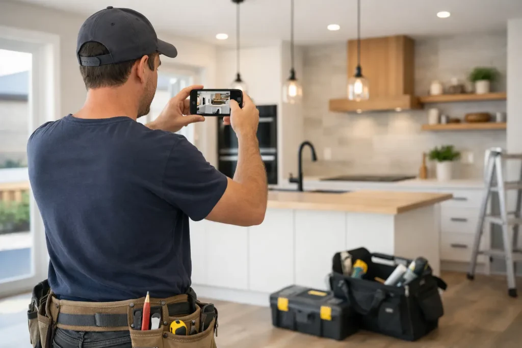 Google Business Profile pour artisan — Artisan photographiant une réalisation pour sa fiche Google Business Profile