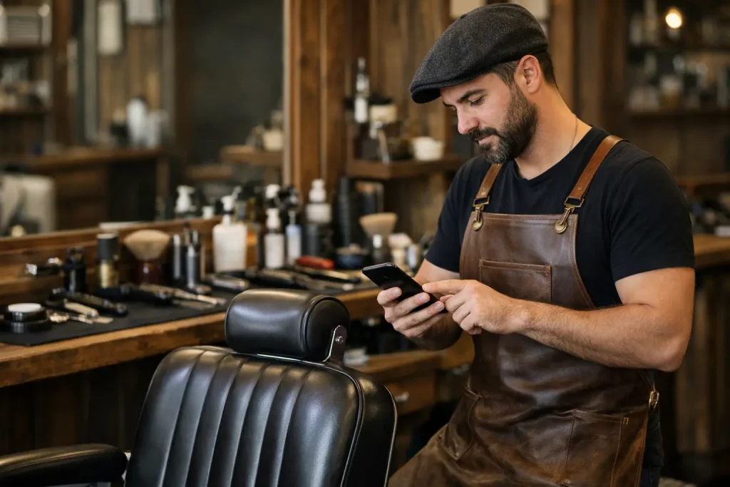 création site internet barber shop à Cenon — Barbier consultant les rendez-vous de son salon à Cenon