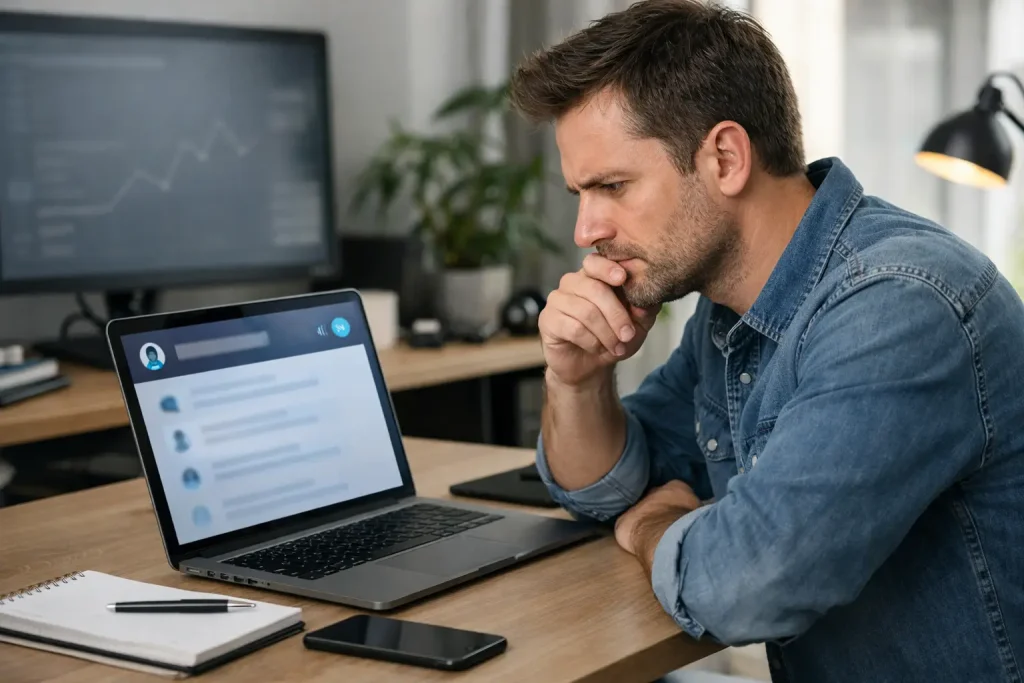 Entrepreneur cherchant pourquoi son site invisible sur l’IA reste absent des réponses