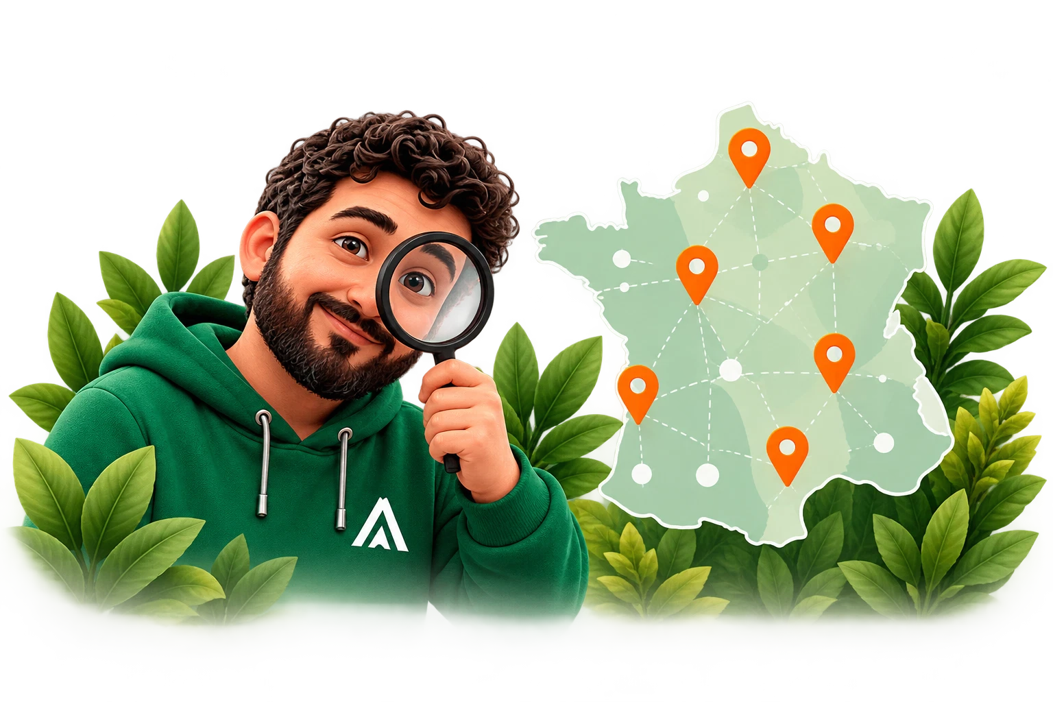 Accompagnement web partout en France : la mascotte Architecte du Web avec une carte et une loupe