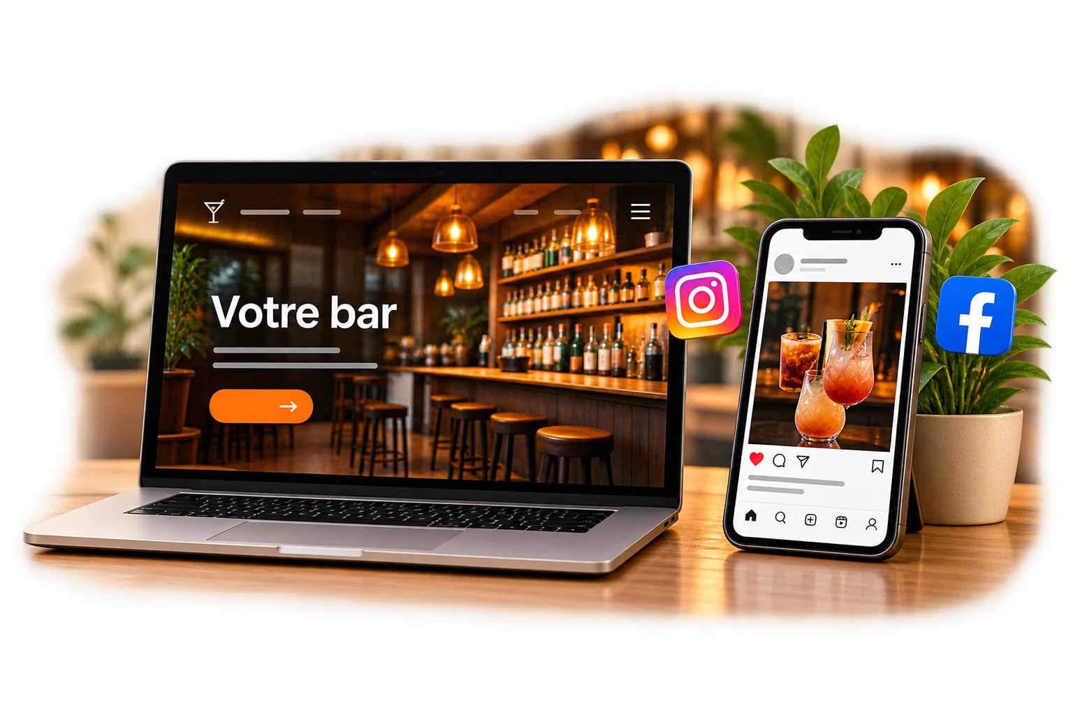 Illustration d’un lancement de bar : site sur ordinateur et publication sur téléphone