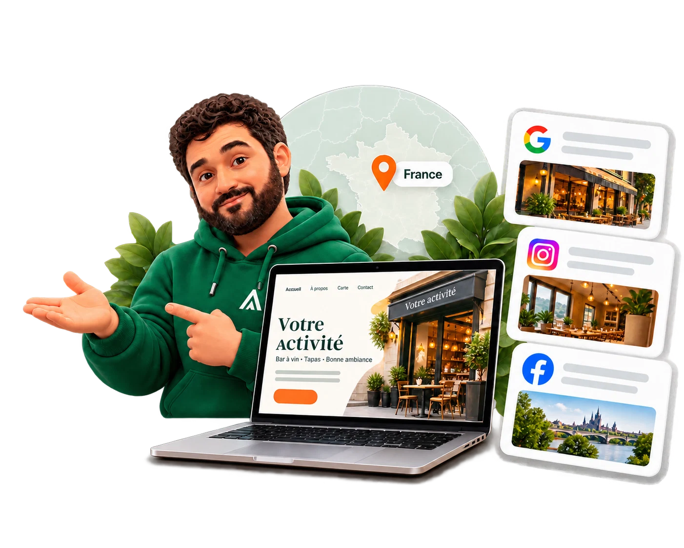 Pack Décollage : votre mascotte présente un site sur ordinateur avec les supports Google Business, Instagram et Facebook