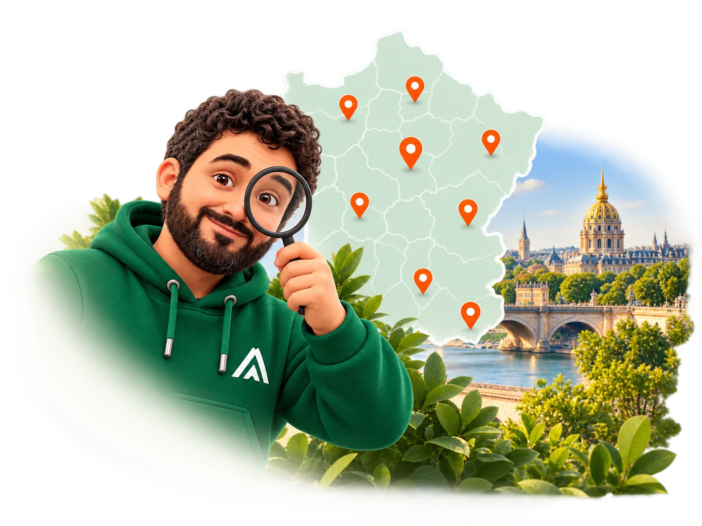 La mascotte avec sa loupe illustre votre visibilité et votre communication à l’échelle de la France